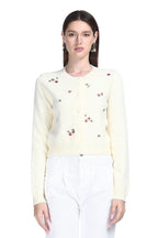 Crew Neck Long Sleeve Fruit Embroidery Buttons Knitted Short Cardigan