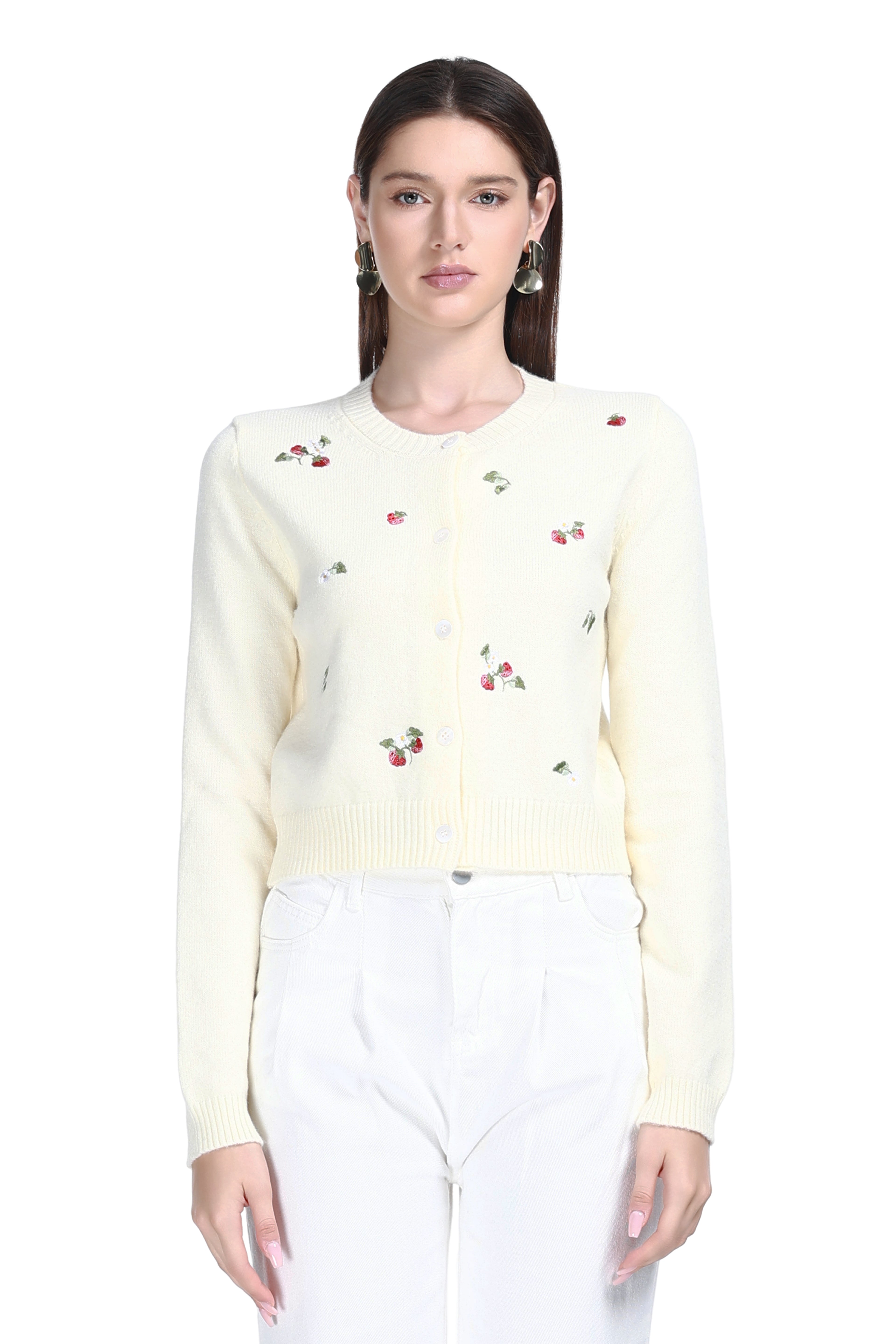 Crew Neck Long Sleeve Fruit Embroidery Buttons Knitted Short Cardigan