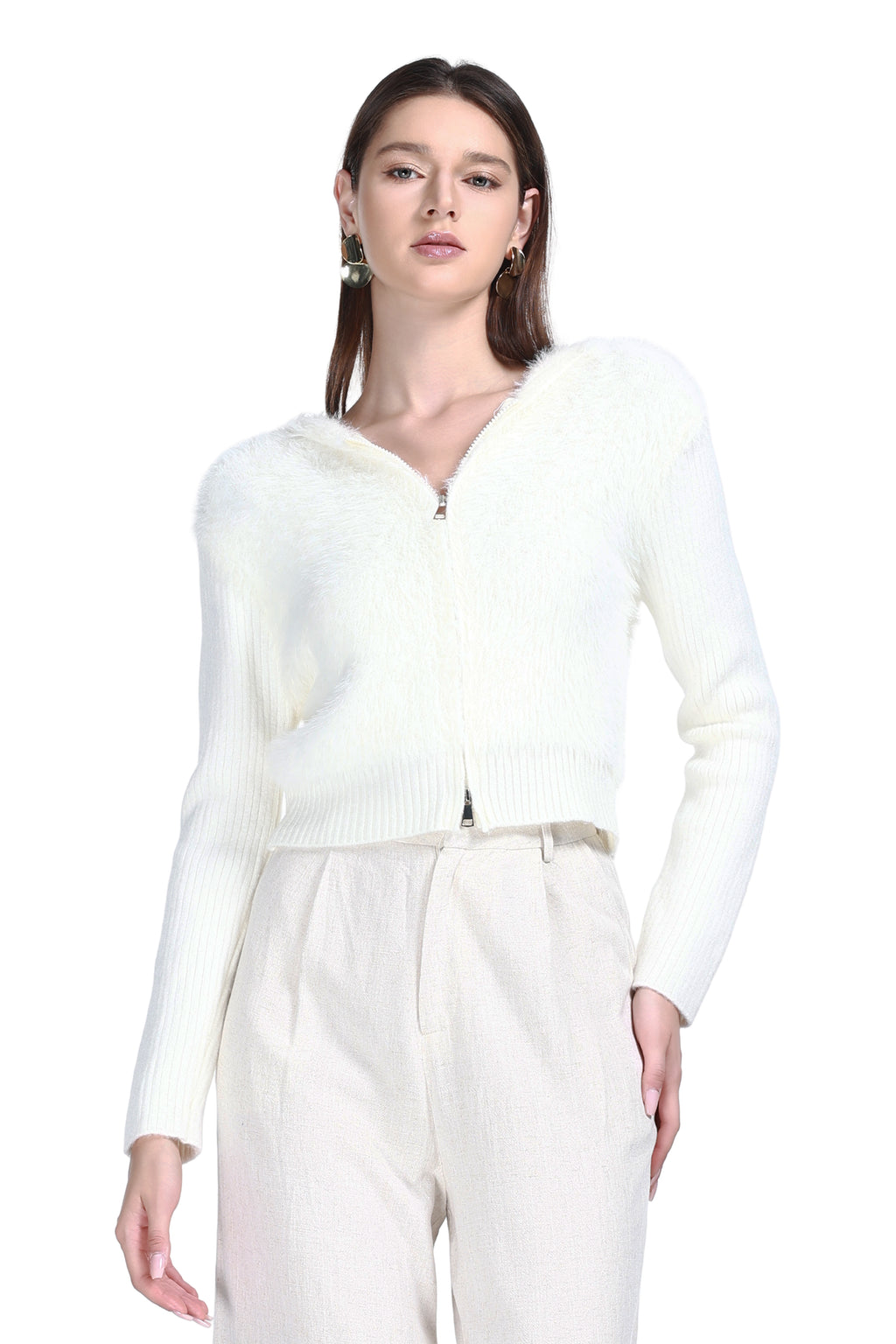 V-neck Long Sleeve Full Metal Zipper Attached Hood Knitted Cardigan