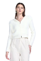 V-neck Long Sleeve Full Metal Zipper Attached Hood Knitted Cardigan