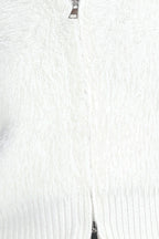 V-neck Long Sleeve Full Metal Zipper Attached Hood Knitted Cardigan