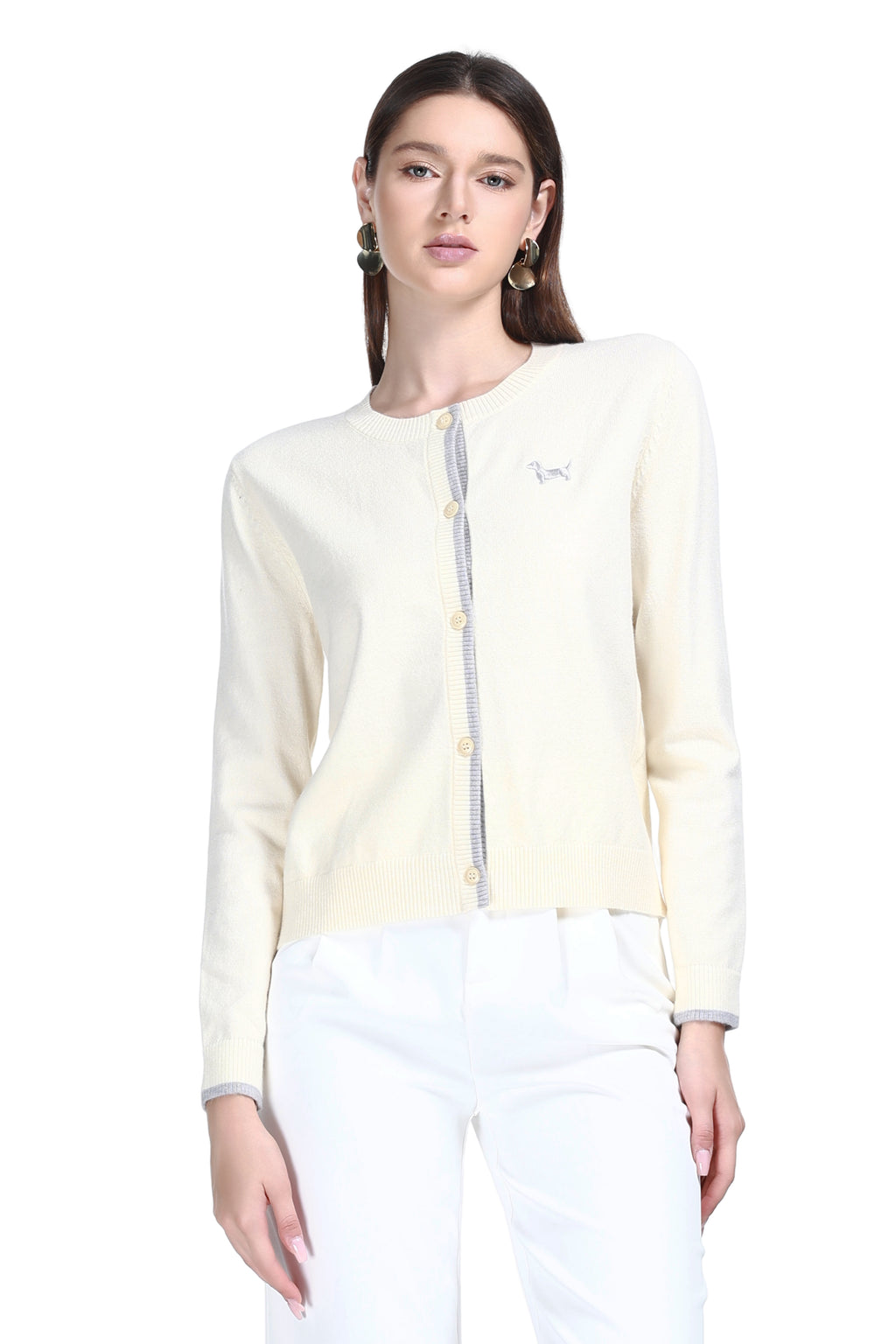 Crew Neck Long Sleeve Dachshund Embroidery Buttons Solid Knitted Cardigan