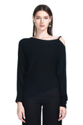 Asymmetric Neckline Long Sleeve Curved Asymmetric Hem Solid Knitted Top