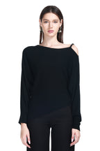 Asymmetric Neckline Long Sleeve Curved Asymmetric Hem Solid Knitted Top