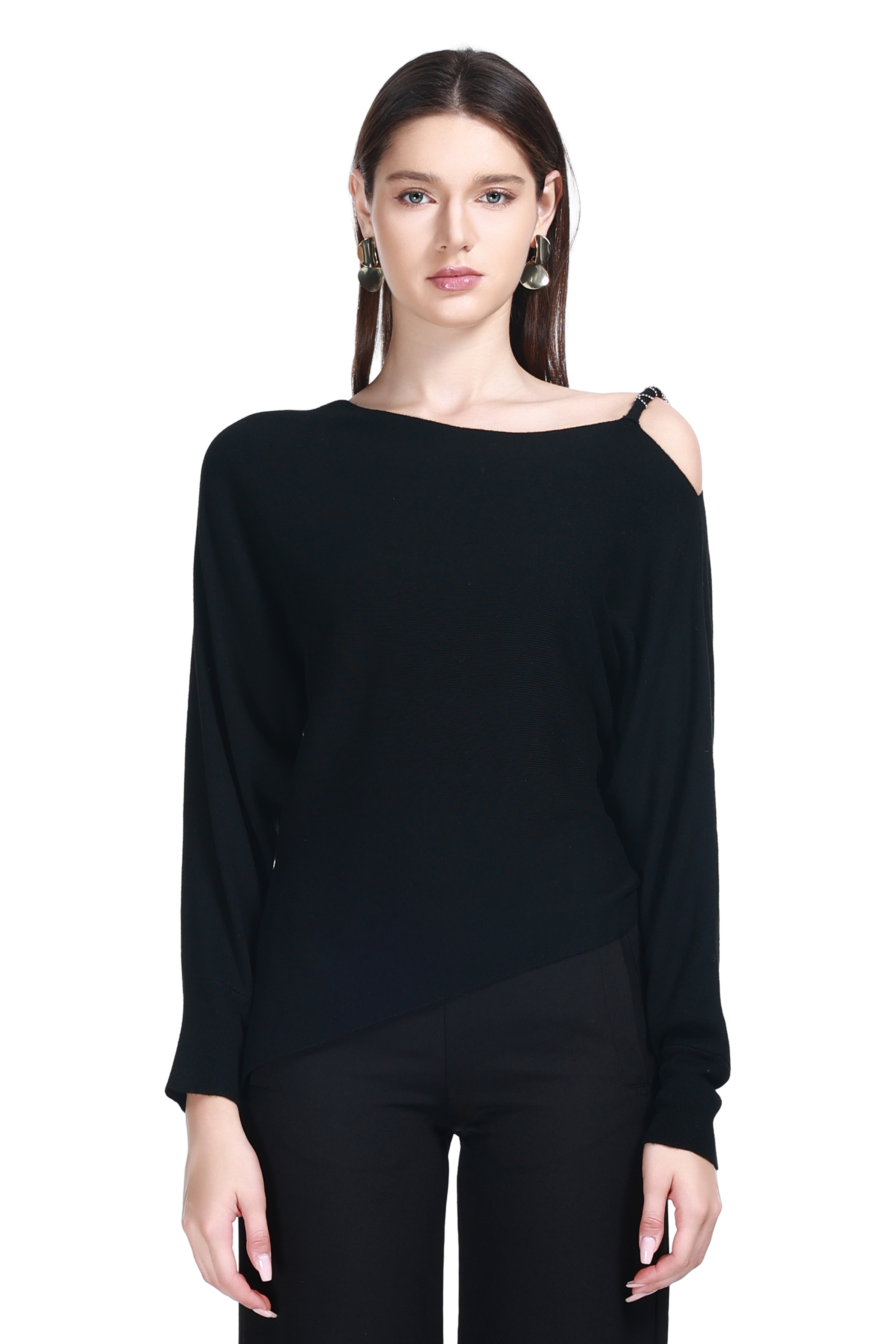 Asymmetric Neckline Long Sleeve Curved Asymmetric Hem Solid Knitted Top