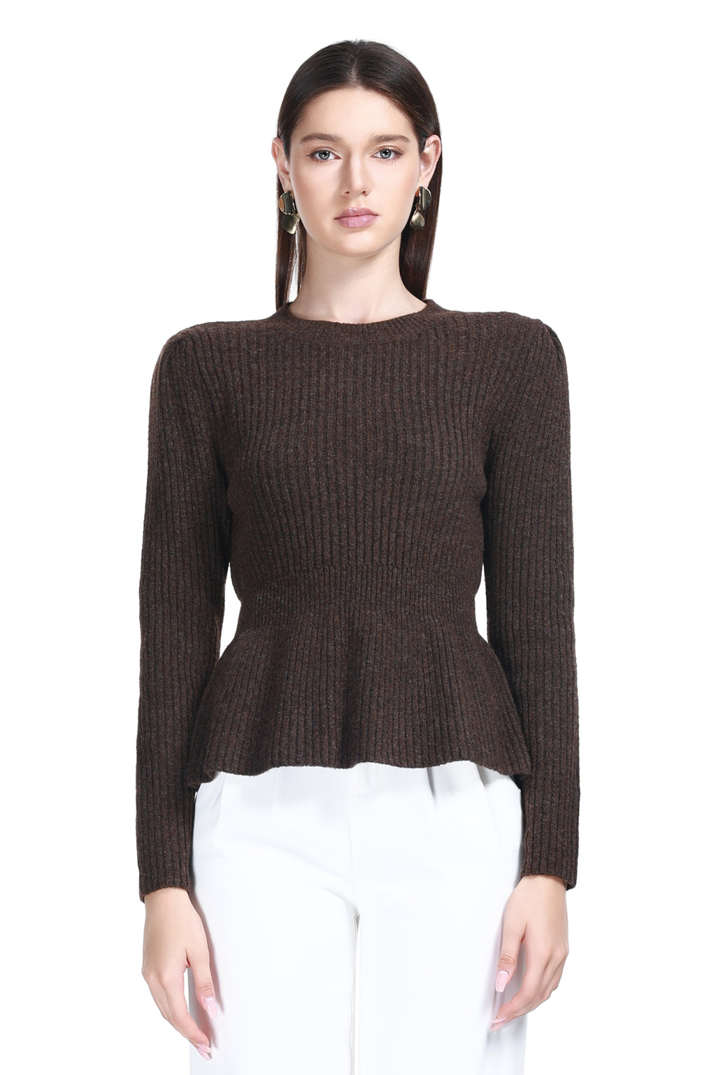 Crew Neck Long Sleeve Ruffled Hem Heathered Rib Texture Knitted Top