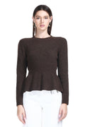 Crew Neck Long Sleeve Ruffled Hem Heathered Rib Texture Knitted Top