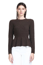 Crew Neck Long Sleeve Ruffled Hem Heathered Rib Texture Knitted Top