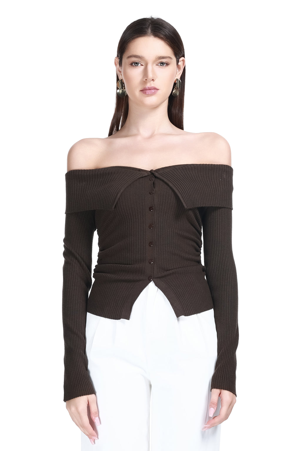 Off-the-shoulder Foldover Collar Long Sleeve Button Placket Knitted Cardigan