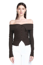 Off-the-shoulder Foldover Collar Long Sleeve Button Placket Knitted Cardigan