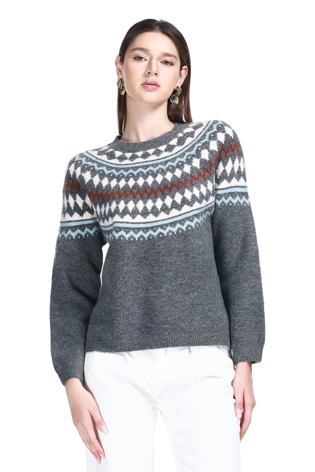 Crew Neck Ribbed Trim Long Sleeve Fair Isle Jacquard Knitted Top