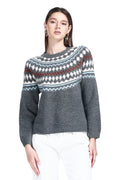 Crew Neck Ribbed Trim Long Sleeve Fair Isle Jacquard Knitted Top