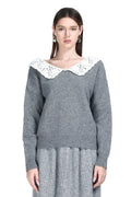 V-neck Crocheted Lace Peter Pan Collar Long Sleeve Solid Knitted Top