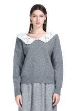 V-neck Crocheted Lace Peter Pan Collar Long Sleeve Solid Knitted Top