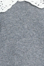 V-neck Crocheted Lace Peter Pan Collar Long Sleeve Solid Knitted Top