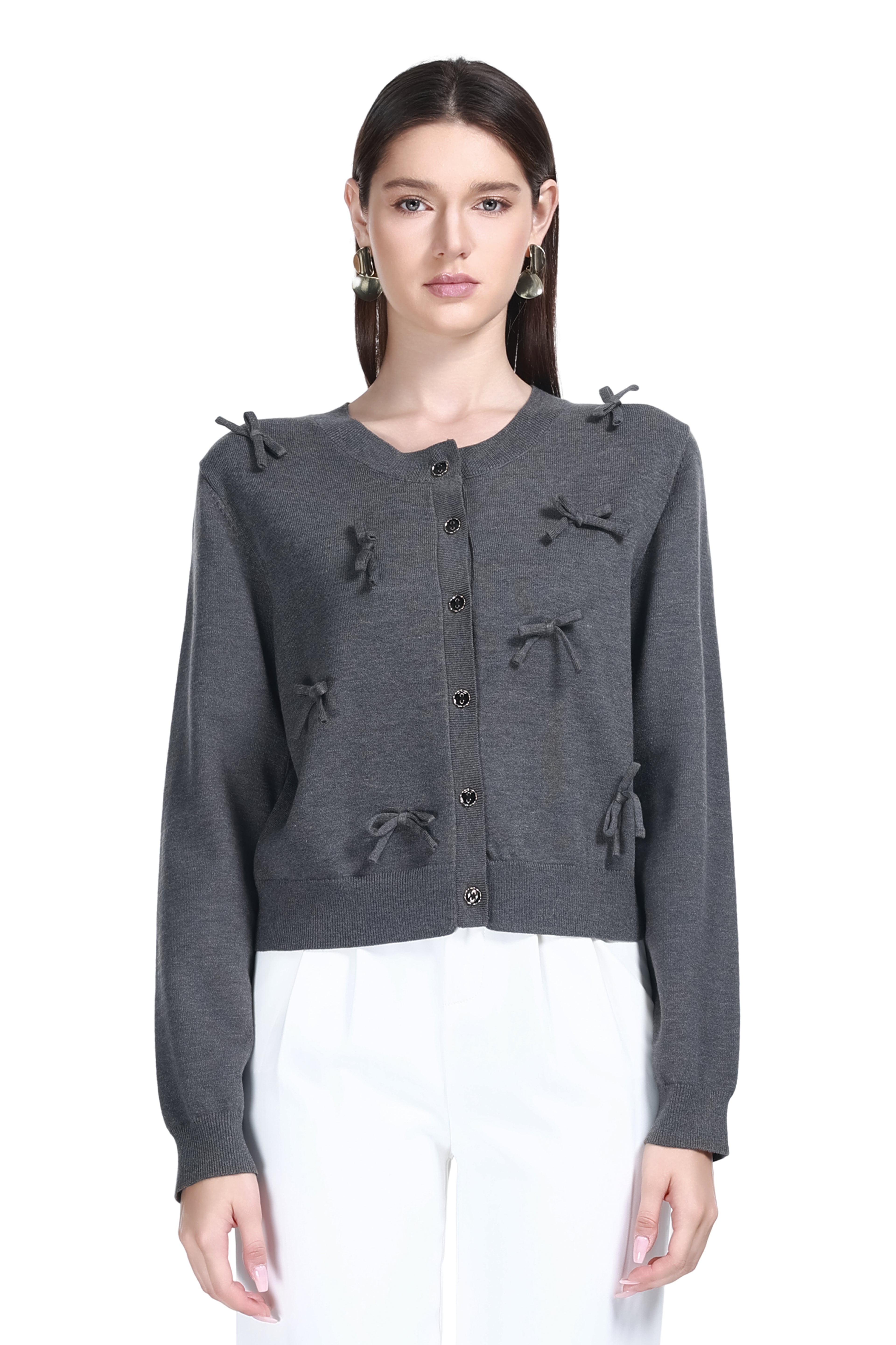 Crew Neck Long Sleeve 3D Bow Button Placket Solid Knitted Cardigan