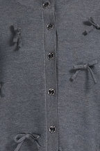 Crew Neck Long Sleeve 3D Bow Button Placket Solid Knitted Cardigan