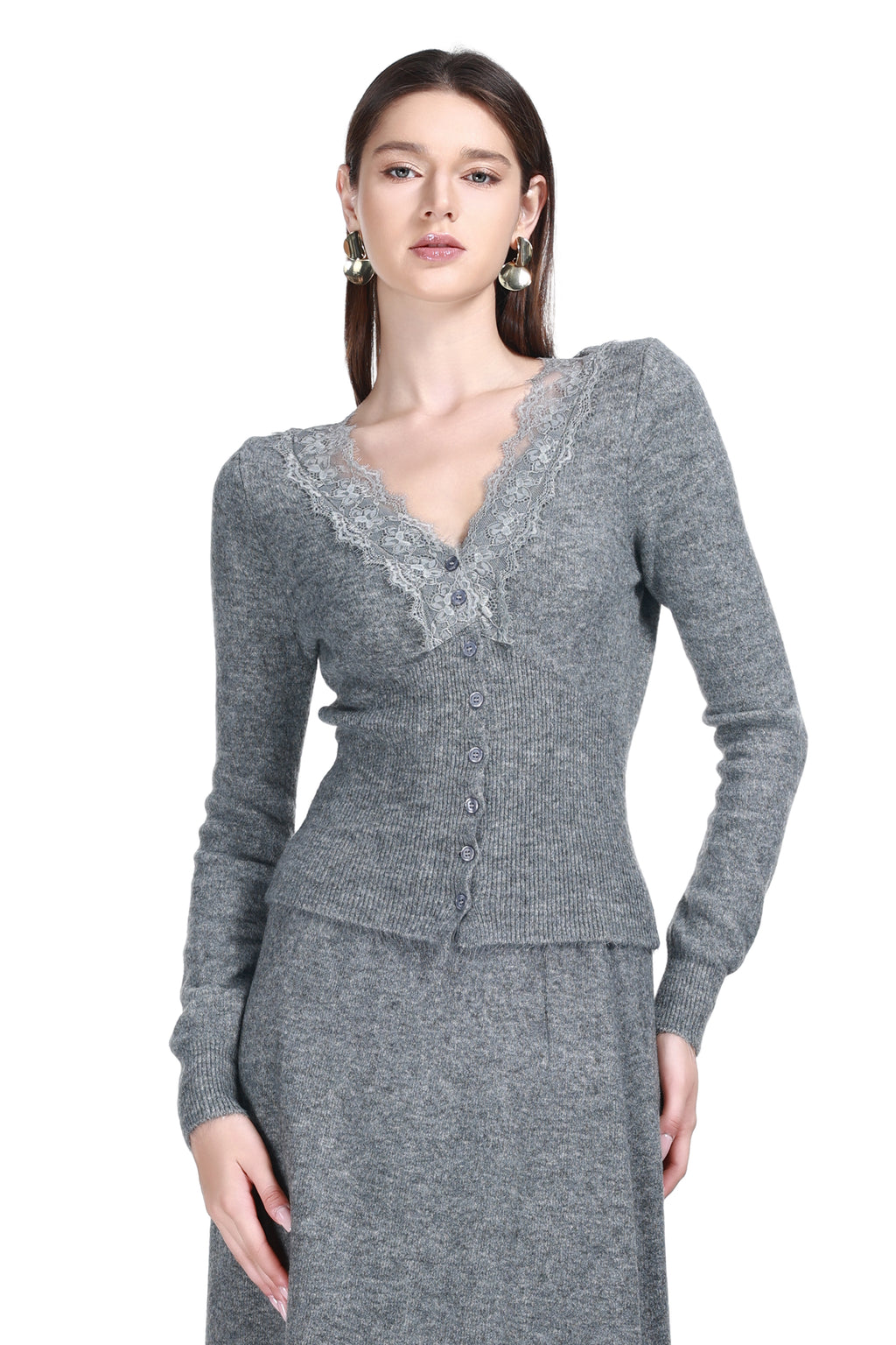 V-neck Lace Trim Long Sleeve Vertical Rib Solid Knitted Cardigan