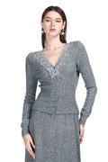 V-neck Lace Trim Long Sleeve Vertical Rib Solid Knitted Cardigan