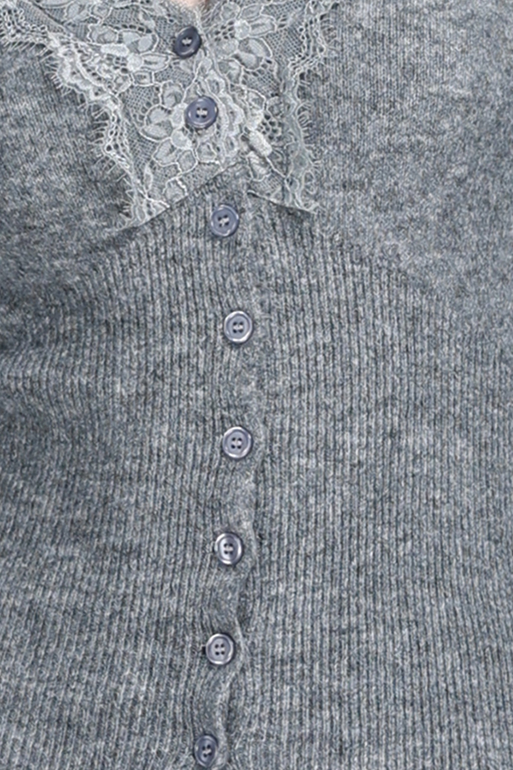 V-neck Lace Trim Long Sleeve Vertical Rib Solid Knitted Cardigan