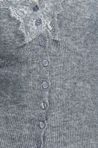 V-neck Lace Trim Long Sleeve Vertical Rib Solid Knitted Cardigan