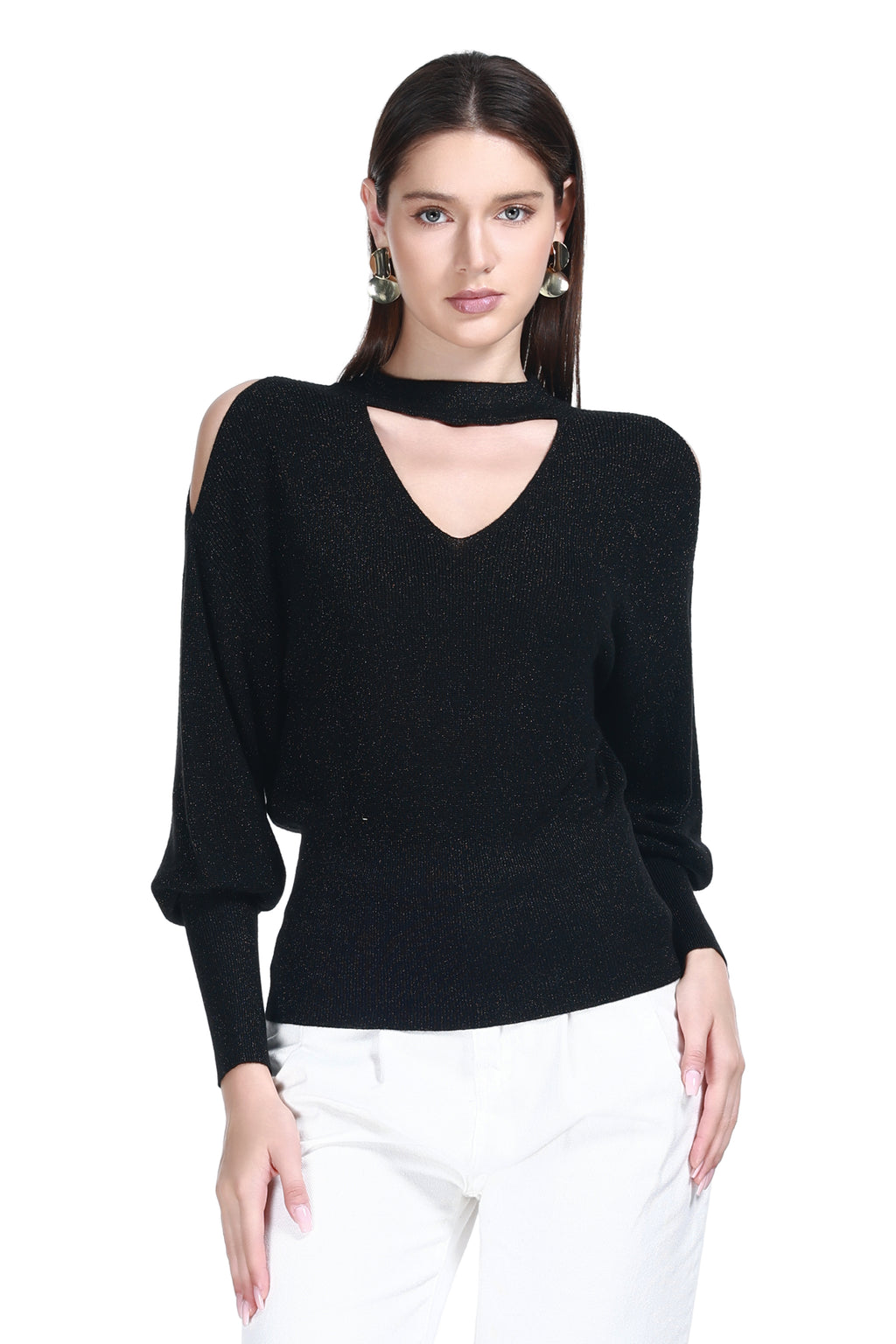 V-neck Choker Collar Cinched Waist Gold Threaded Knitted Top