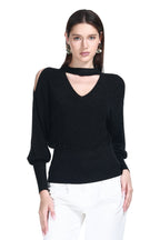 V-neck Choker Collar Cinched Waist Gold Threaded Knitted Top