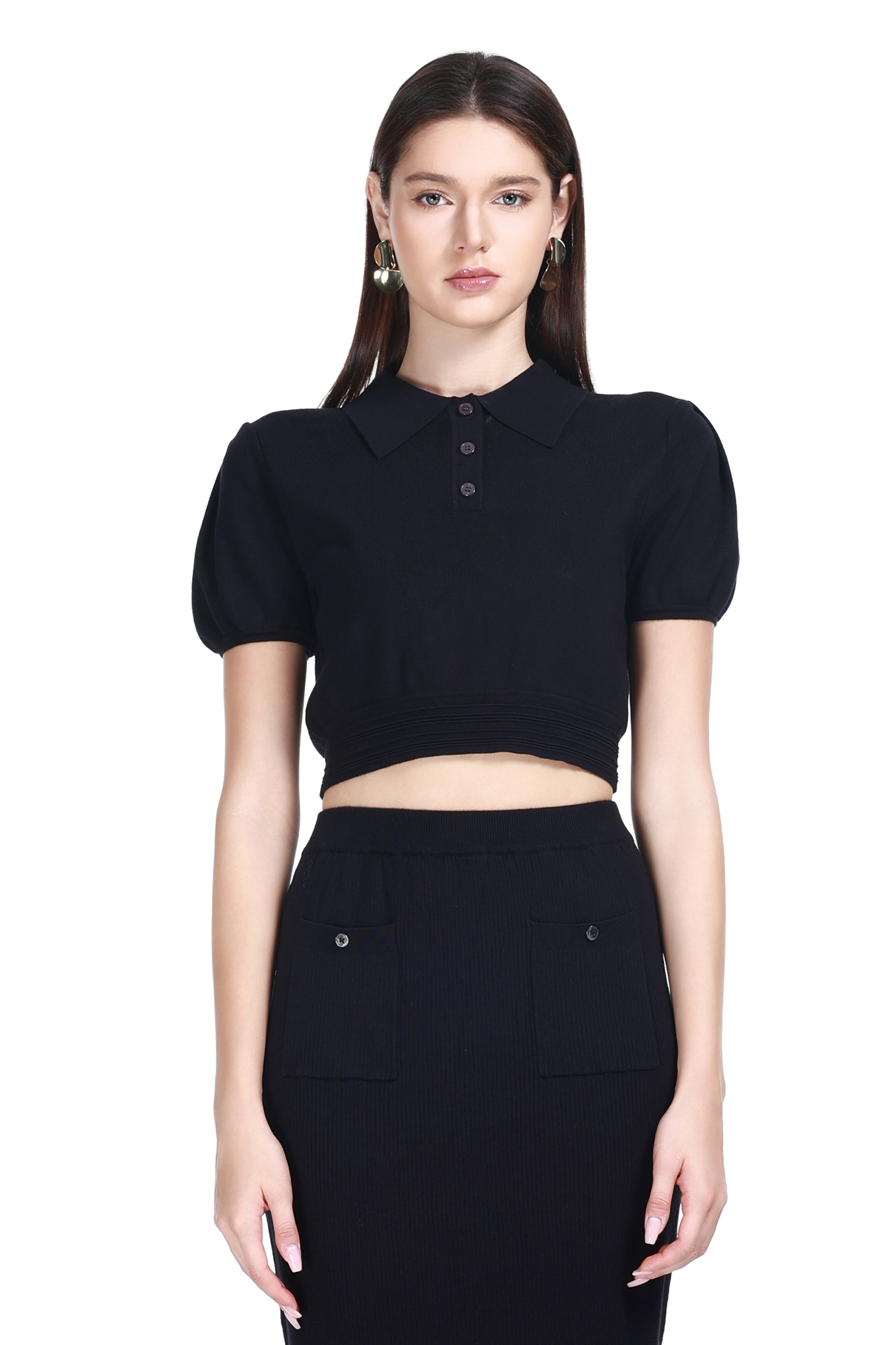 Polo Collar Puffed Short Sleeves Solid Cropped Fit Knitted Top