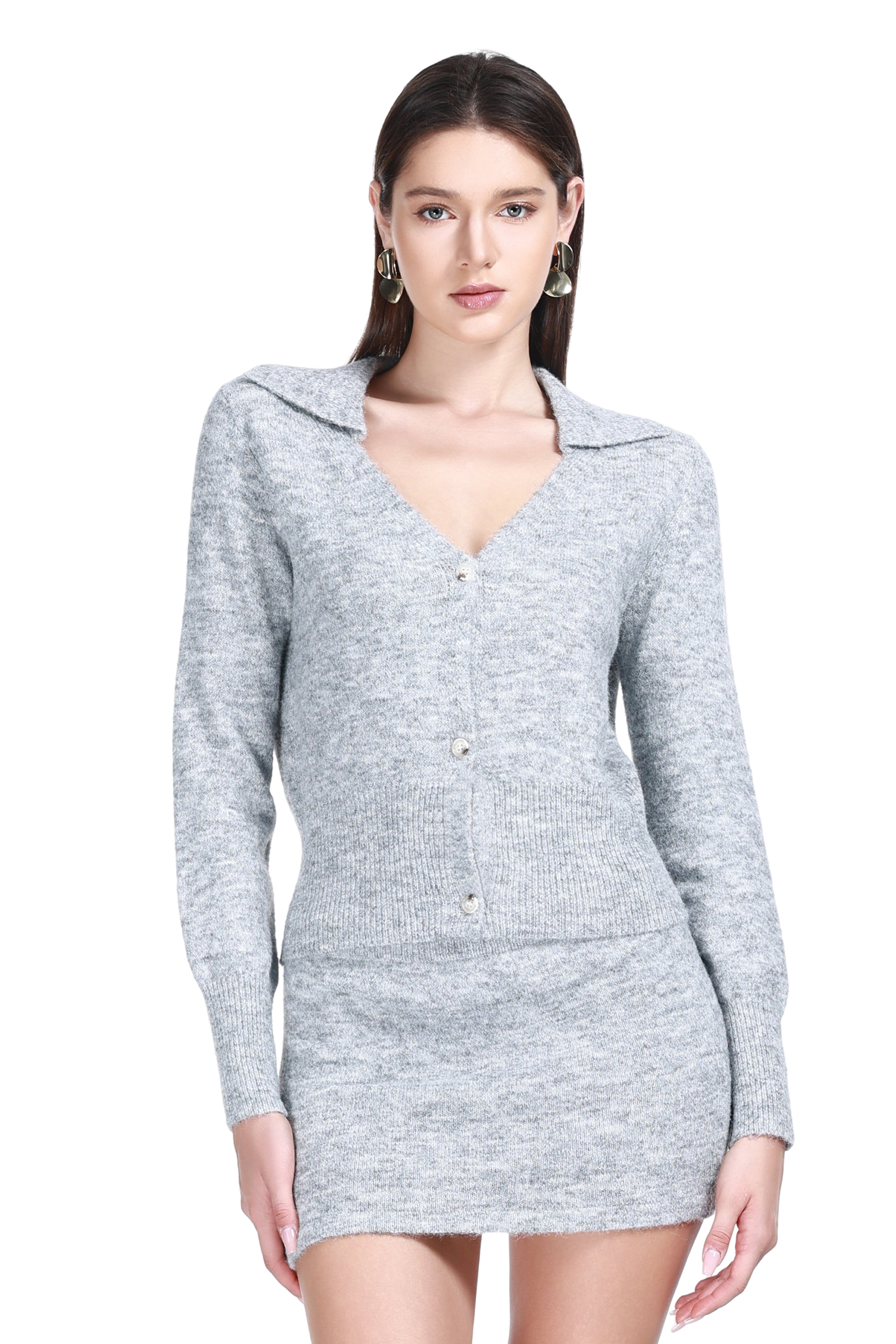 Folder Collar V-neck Long Sleeves Button Front Placket Knitted Cardigan