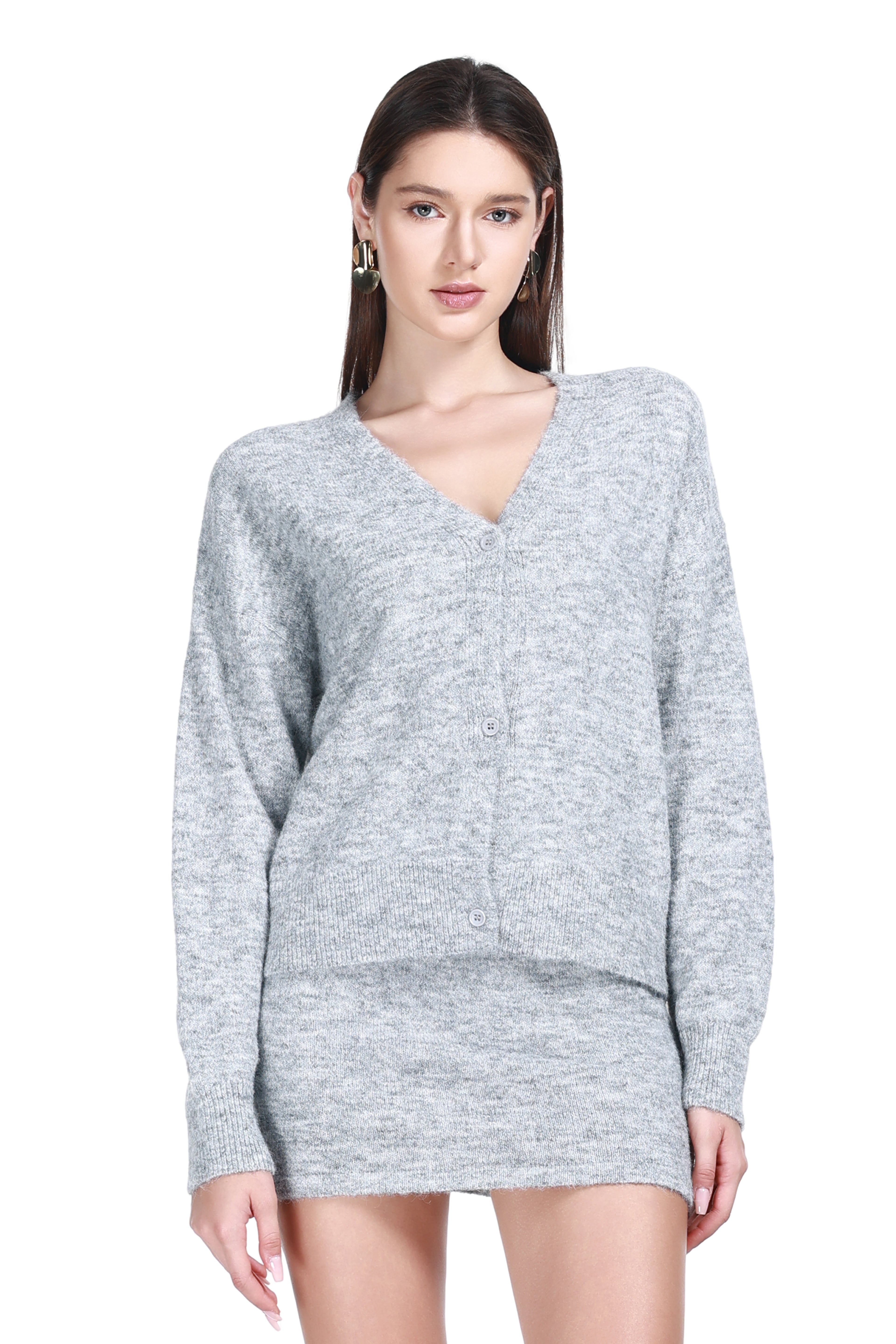 V-neck Long Sleeves Button Front Placket Ribbed Edge Knitted Cardigan